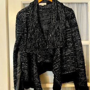 White + Warren Black and White Wool and Cashmere Cardigan with Leather trim